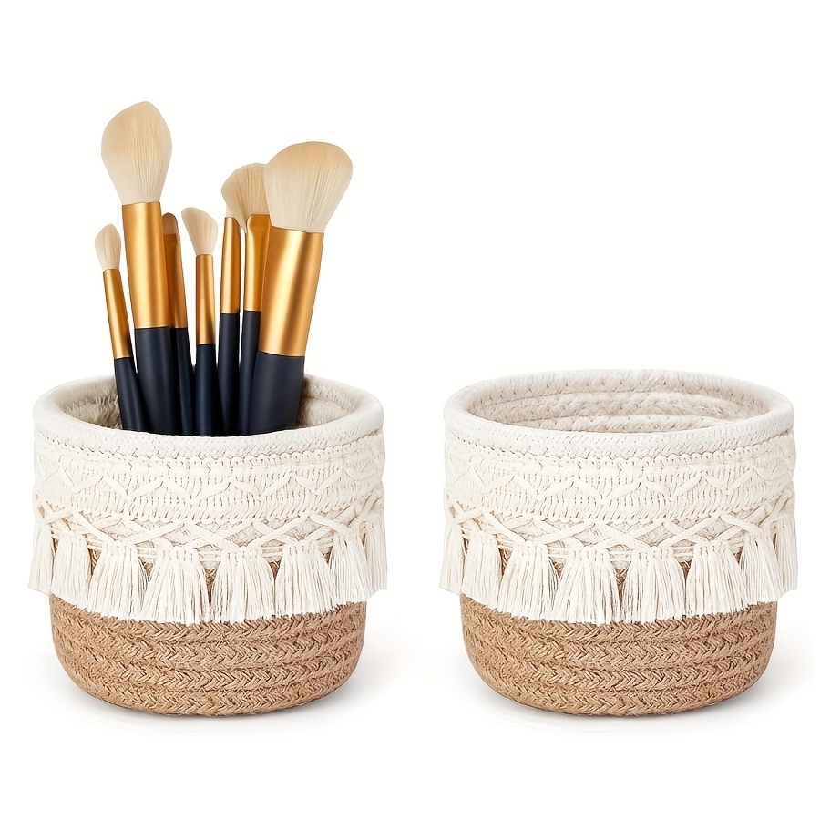 2pcs Small Makeup Perfume Holder Organizer, Makeup Brush Holder, Macrame Decorative Woven Rope Basket, Boho Desk Storage Baskets, Boho Decor Baskets For Pen And Pencil Box Container, Shelf Baskets