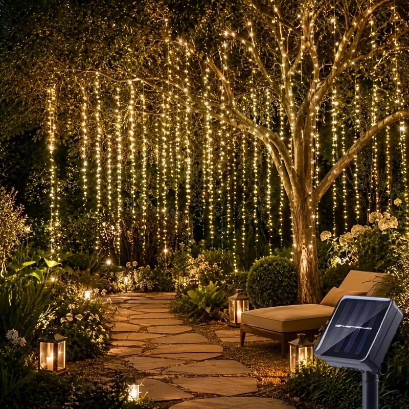 TEMU Outdoor Solar 300led Curtain Fairy String Lights, Hanging Tree Lights With Button Control, 8 Lighting Modes, Durable For Various Outdoor Scenes,