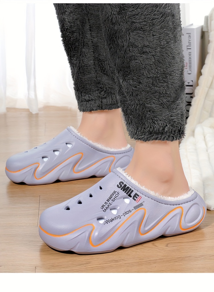 Men's Winter Clogs with Fleece Lining - Warm, High Quality, Non-Slip EVA Sole, Black & Orange Design, Indoor/Outdoor Use, Large Size Options, Indoor Footwear | Casual Slipon | Durable Traction Footwear