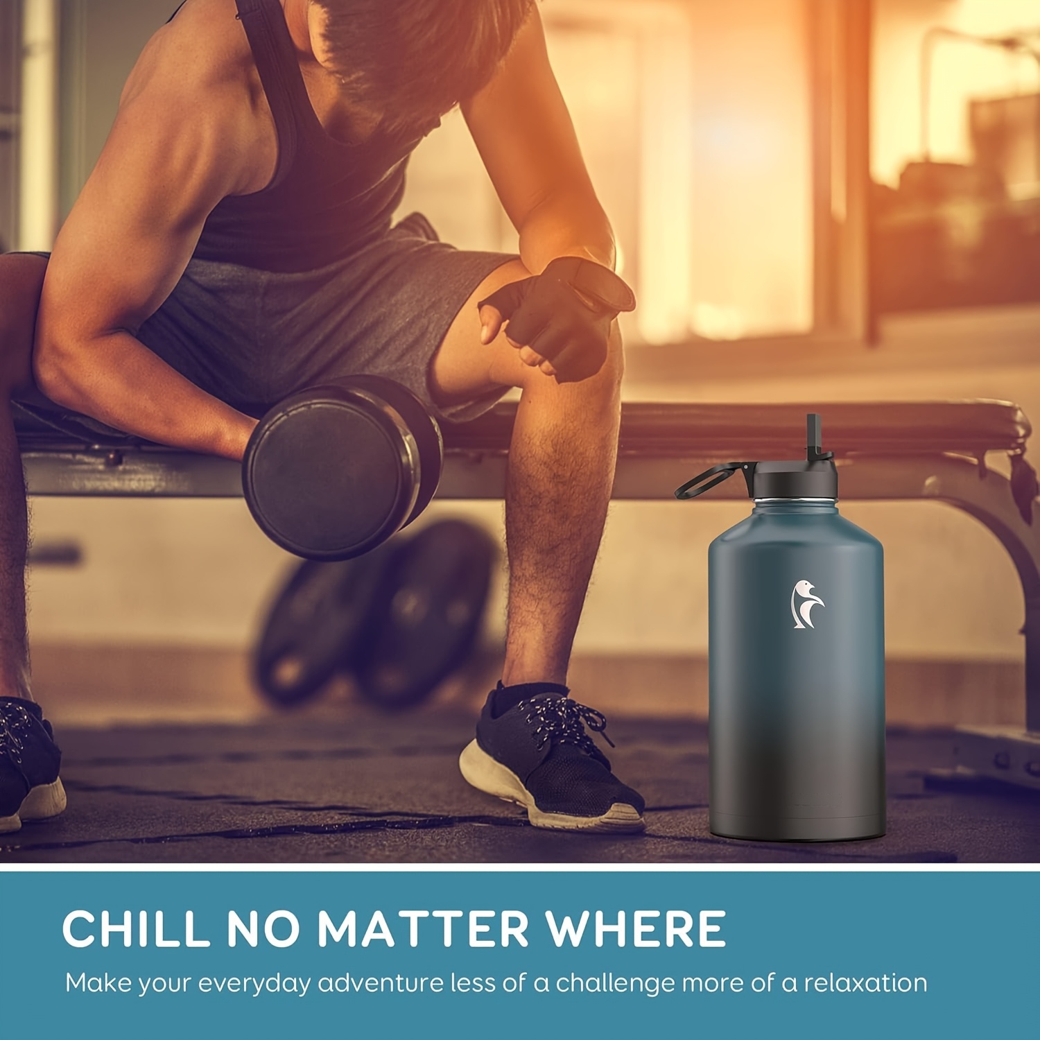 1pc Bouteille d'eau d'un gallon isolée avec paille et 3 couvercles, 128 oz grande carafe d'eau en acier inoxydable à double paroi sous vide à large ouverture pour le sport, la salle de sport ou le bureau, sans BPA, garde le froid pendant 48 heures et le chaud pendant 24 heures, bleu noir/noir