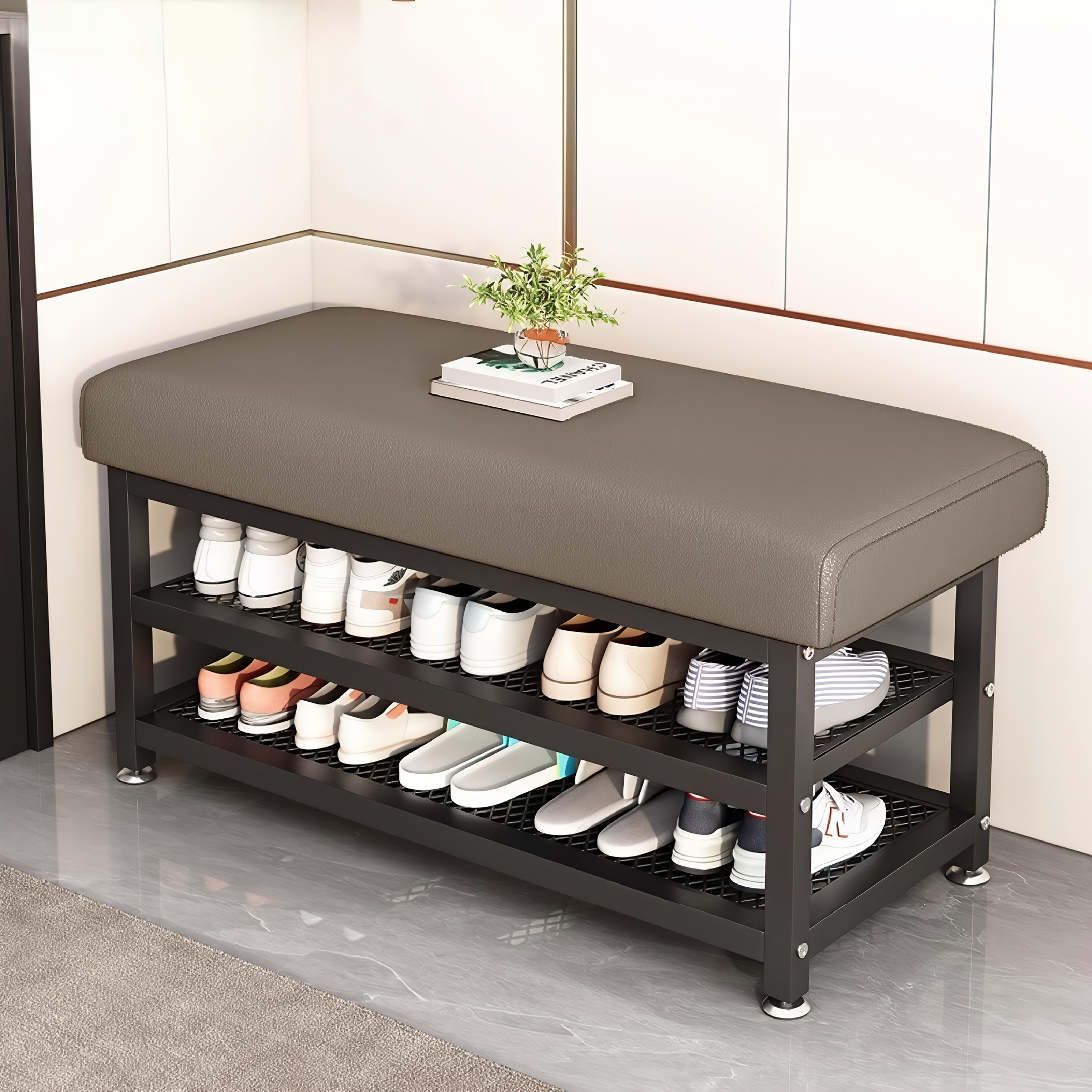 [Soft Cushion Shoe Stool] Modern Shoe Changing Stool with Soft Cushion - Multi Compartment Shoe Storage Organizer, Space Saving Metal Frame Shoe Rack for Bedroom or Foyer, Easy to Install Entrance Passage Storage