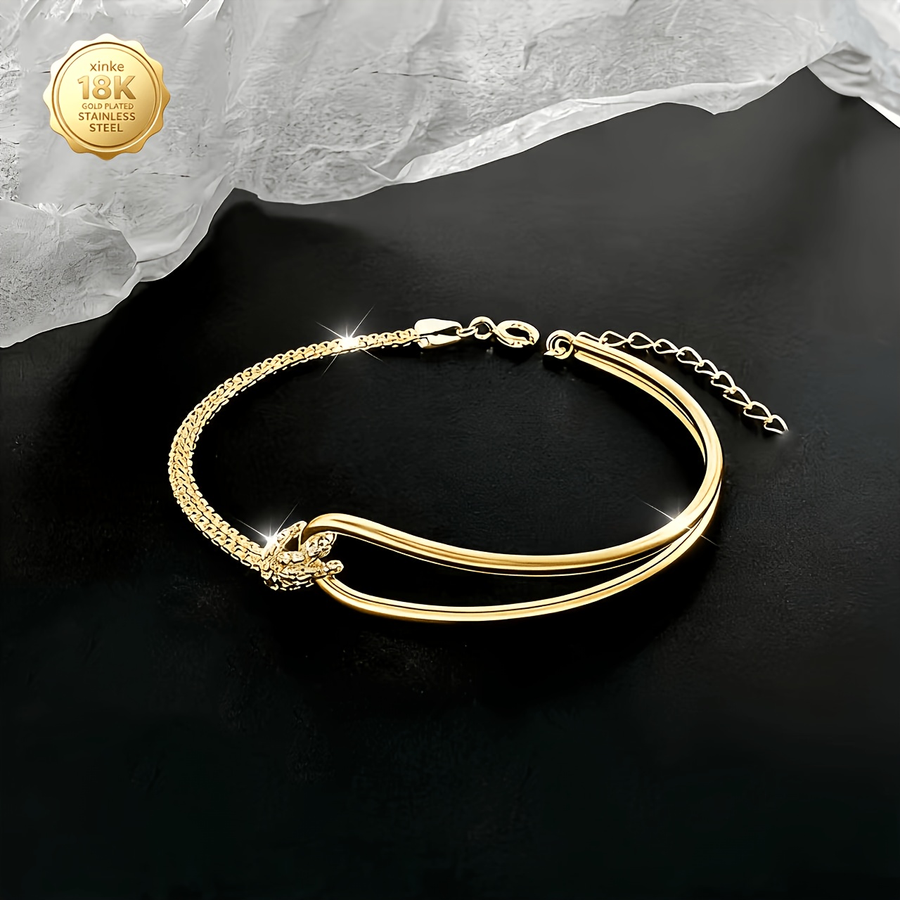 Image of 1pc 18k Golden Plated Women's Luxury Half-hanging Bracelet - Suitable For Party Wear - Perfect For Casual Attire And Gifting, Ideal Present For Valentine's Day And Mother's Day, Jewelry Accessory