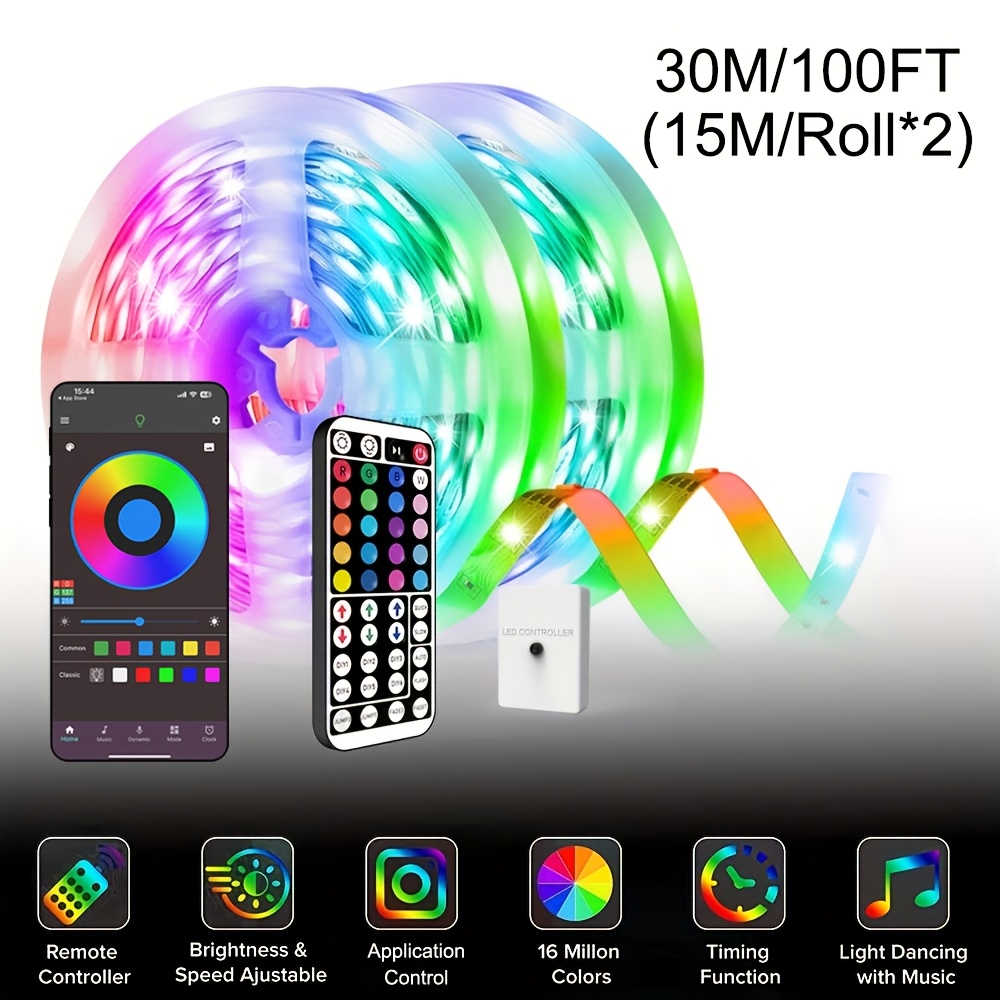 TEMU Nbbuff 16ft-100ft Usb Powered Led Strip Lights With Remote Control And App Functionality, Timer Feature, Music Sync Color Changing, Multiple