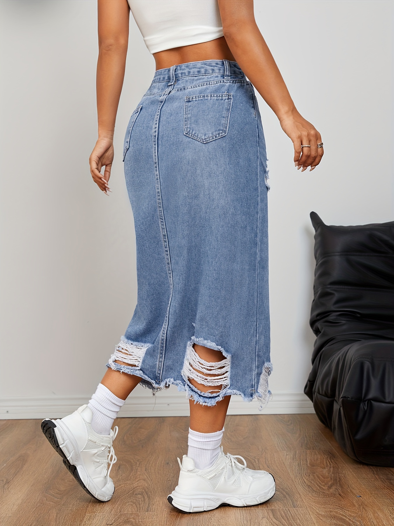 HOT Midi Skirt High Waisted Ripped Denim Skirt Midi Skirt Ripped
