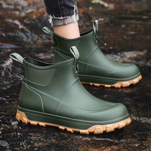 mens casual fashion outdoor chelsea rain boots high quality with thickened treaded sole for anti slip and wear suitable for hiking camping gardening travel essential for rainy weather