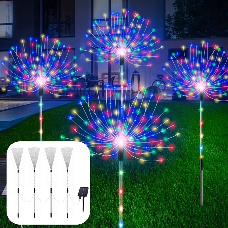 TEMU 4pcs Set Illuminated Stake Solar Firework Garden Lights, Outdoor Garden Lights, 8 Flashing , Suitable For Courtyard, Patio, Path, Lawn, Wedding,