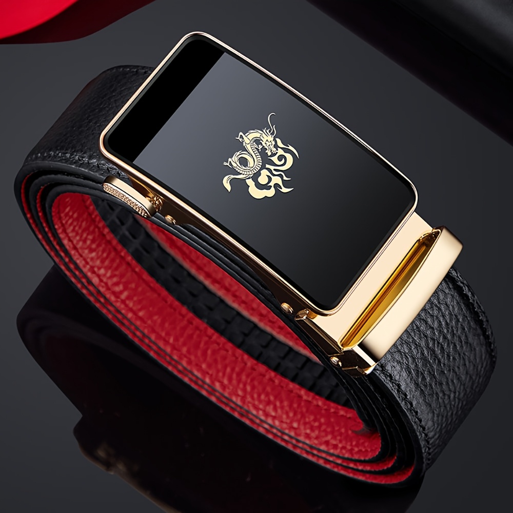 Dragon Pattern Leather Men's Belt w/Automatic Buckle for Casual/Formal Wear