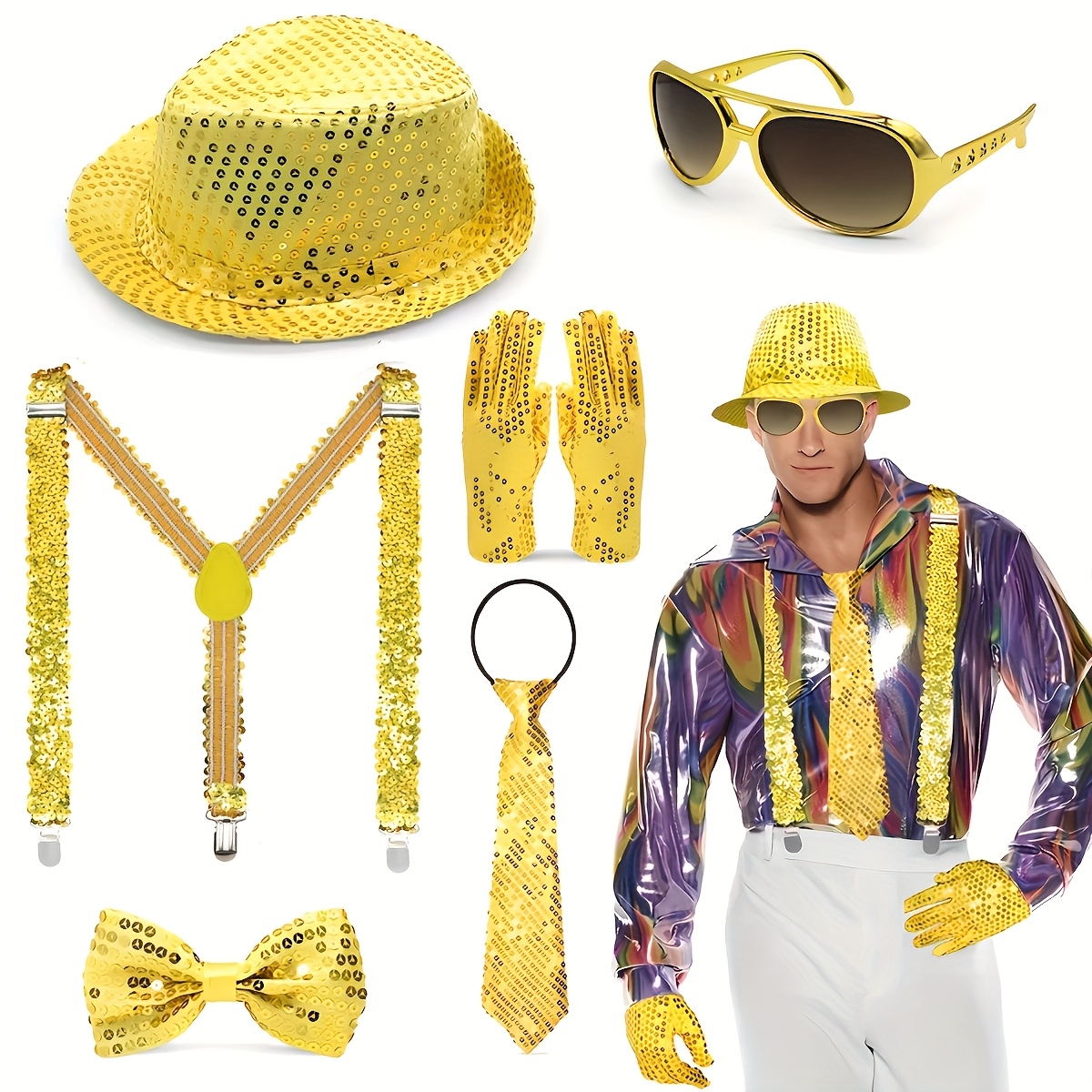 AXERHK Glitzer Outfit Herren - Komplettset Mit Hosenträger, Fliege & Sonnenbrille Für Disco Party