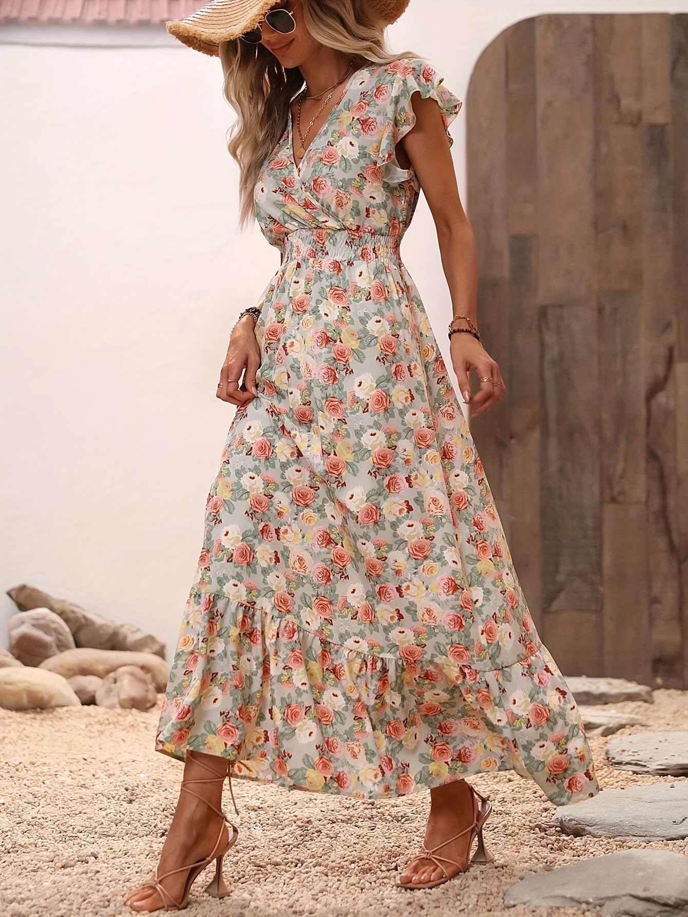 womens floral print maxi dress ruffle hem flutter sleeves Temu
