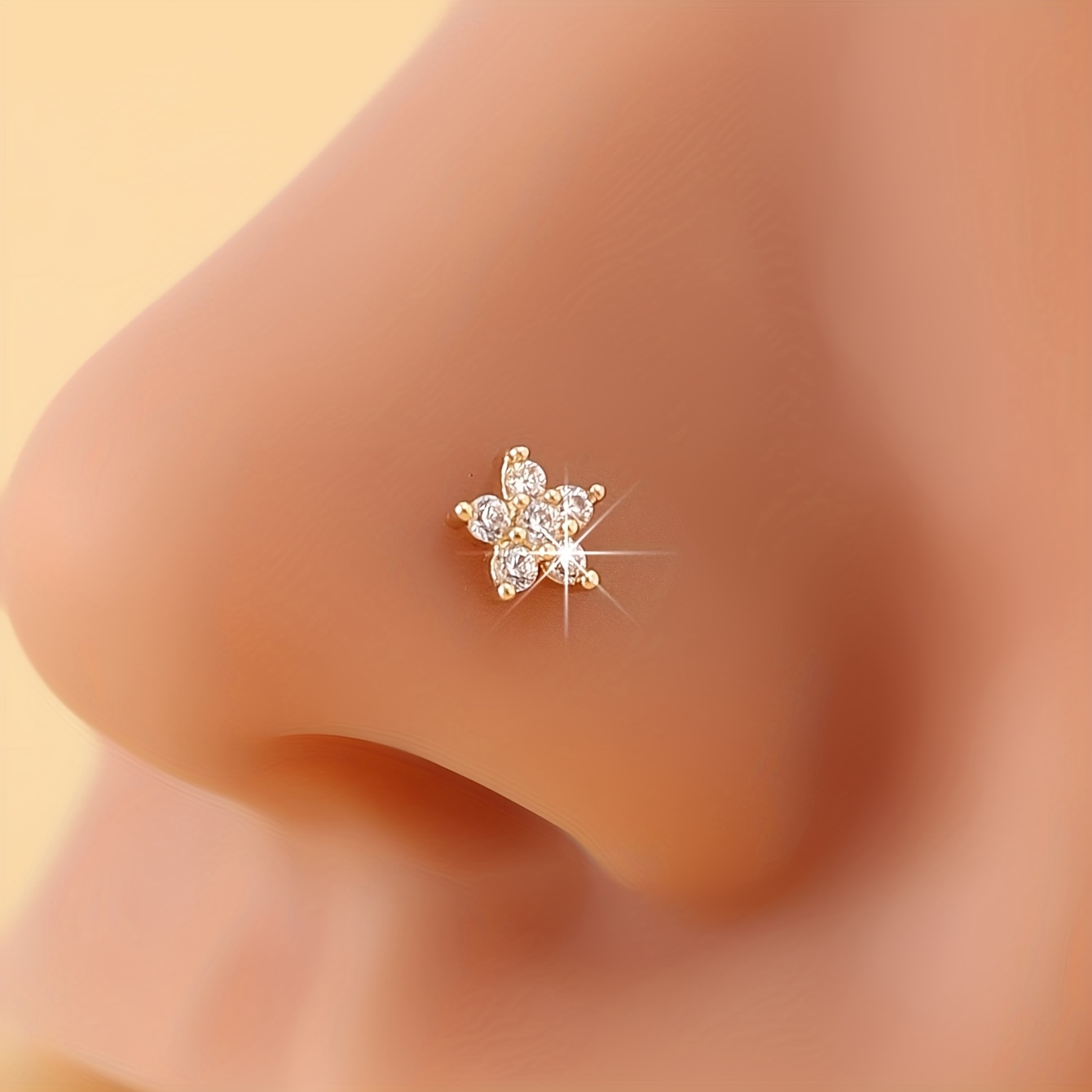 TEMU 1pc Flower Nose Stud Nose Clip Nose Jewelry, Synthetic Synthetic Zirconia L-shaped Piercing Nose Stud, Vintage Elegant Style With A Unique And ,