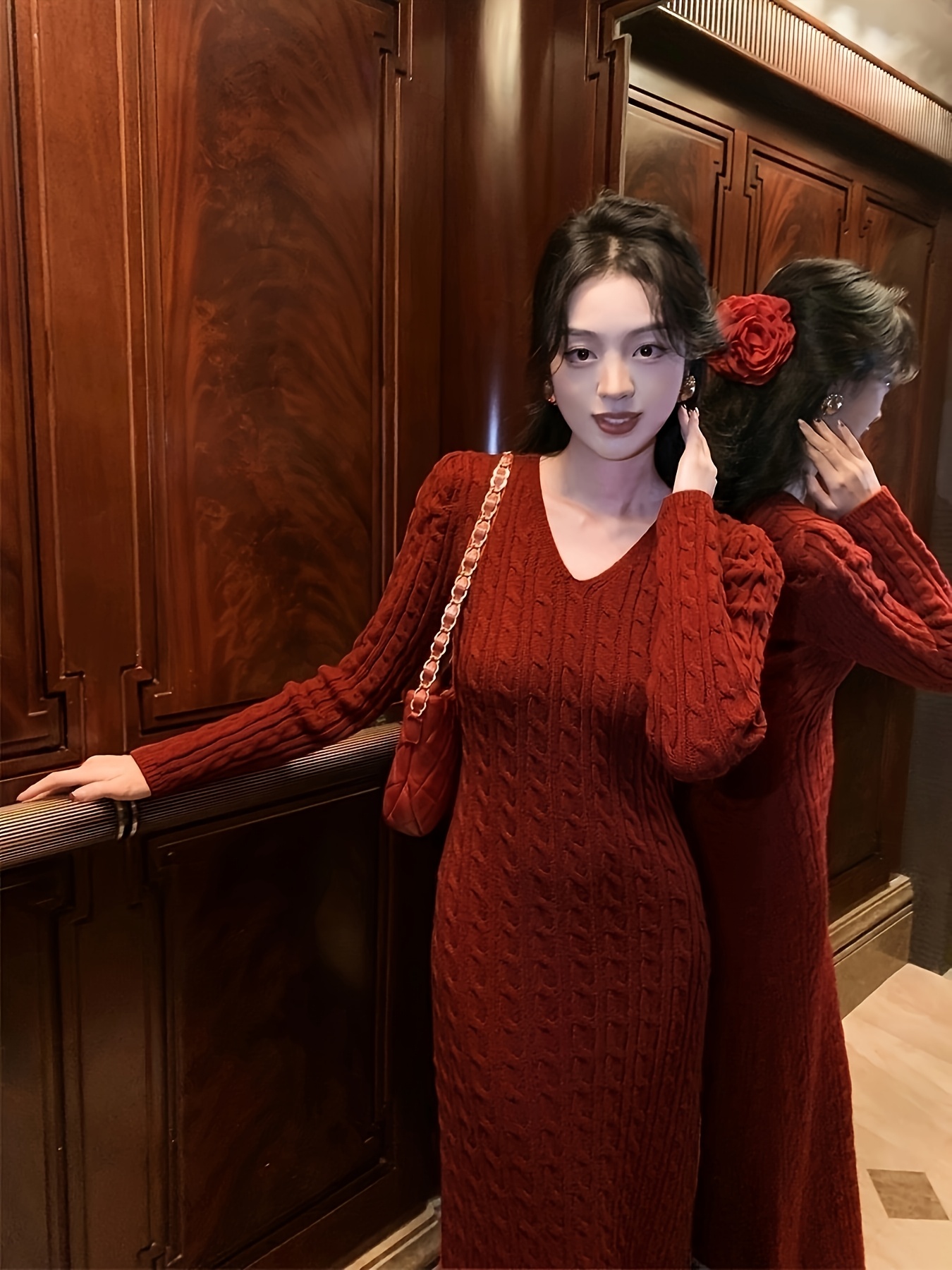 1pc Elegant V-Neck Cable Knit Pencil Dress for Women - Polyester  Fall/Winter Long Sleeve Solid Color Bodycon Maxi Dress