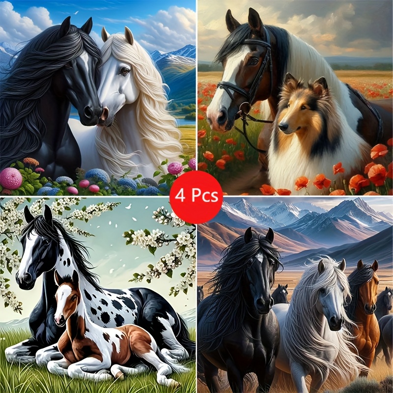 TEMU Set Of 4 Diamond Painting Kits Featuring - Animal Inspired, Frameless 5d For Adults, Complete Round Drill Home Decoration, Easy Craft Set For