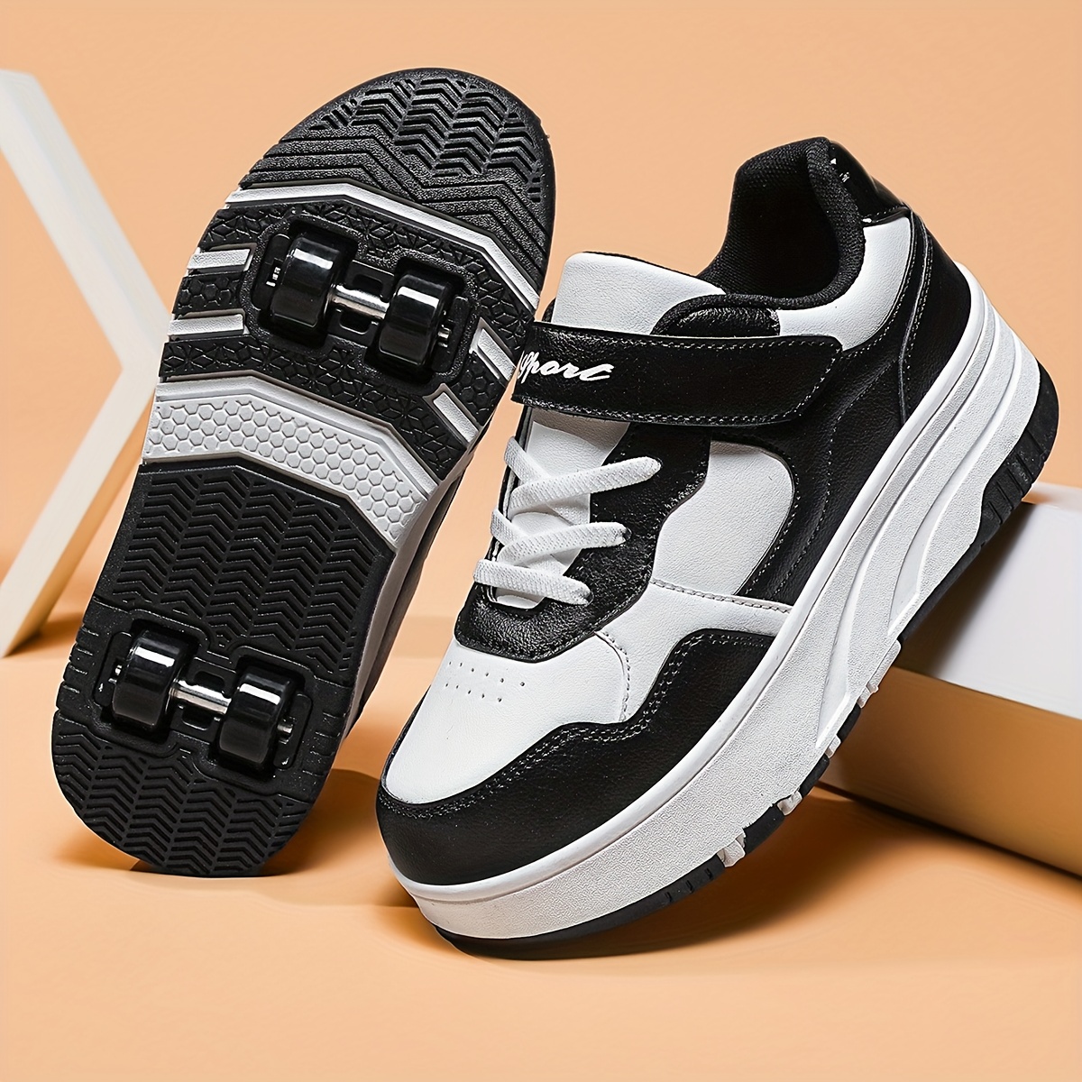 2025 New Trendy 1 Pair Girls' Color Block PU, TPR Thick Sole Magic Tape Letter Round Toe Low-Top Versatile Shoes with Detachable Four-Wheel Roller Skates in Black and Pink for Casual Fashion Sports, Girls' Skate Shoes, Professional Skate, Skate For Girl/boy, Soy Luna Amber Skate, Skate With Kit, Skate Shoe, Orange Skate Wheel, Roller Skate Wheel, Roller Skate Shoe, Skating Shoe For Girl, Roller Shoe Girl, Skates, Wheel Shoe, Skate, Shoe With Wheel