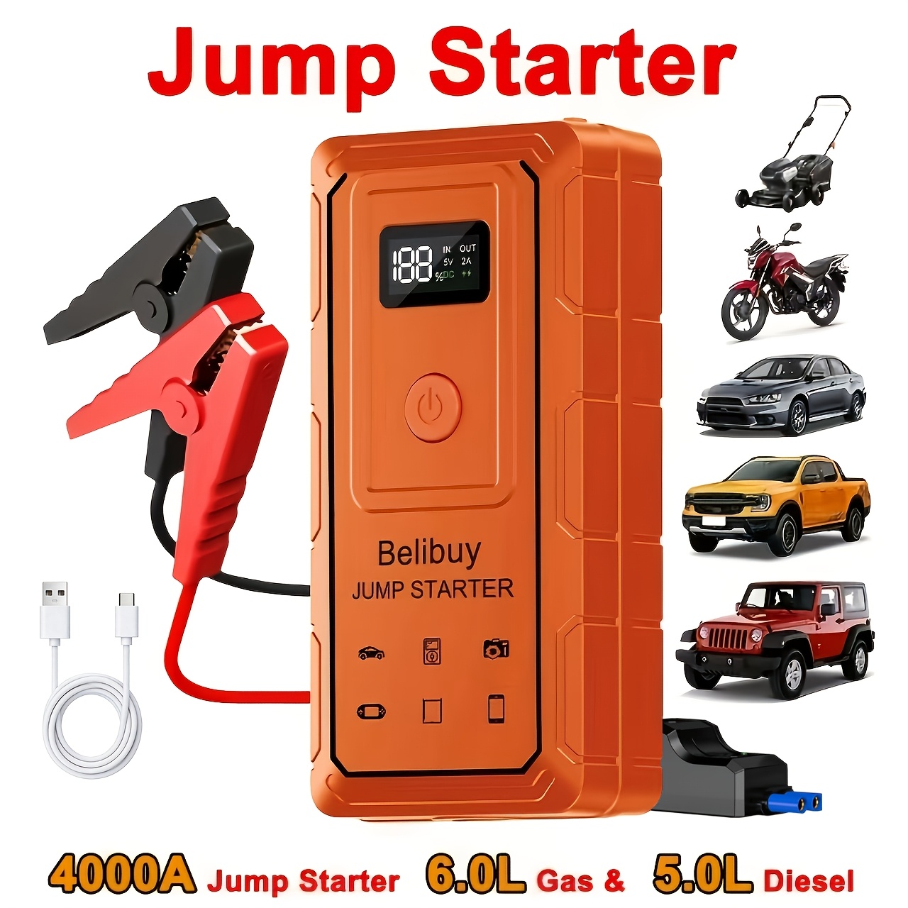 TEMU Démarreur de Voiture Haute Puissance | Démarreur de Voiture d'Urgence Portable Avancé - Batterie Rechargeable Puissante de 6000mAh, Chargement