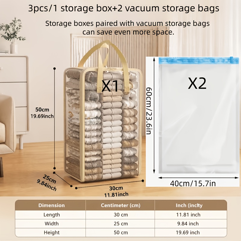 TEMU Ensemble de 3 pièces/1 sac de rangement transparent à grille, 2 sacs de compression roulés à main pour rangement sous vide de grande capacité,