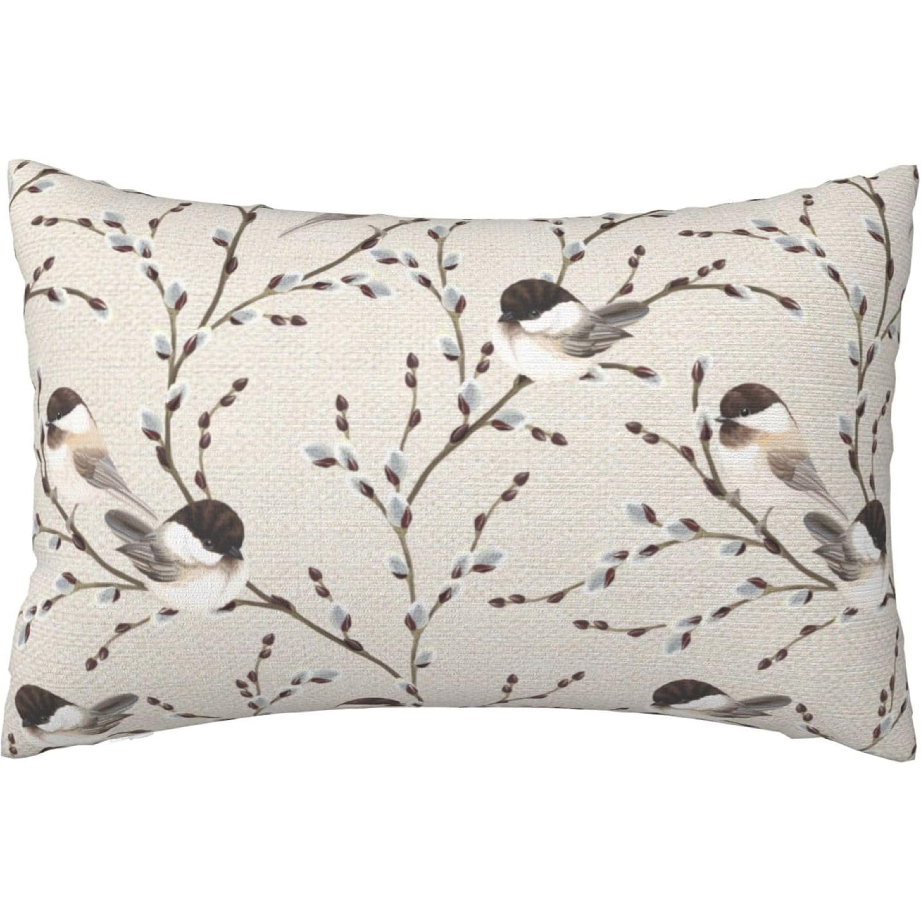 

Autumn Charm Linen Pillow Cover - Grey Floral & Bird Design, Farmhouse Style Lumbar Cushion Case For Thanksgiving Home Decor, 12x20 Inch (zippered, Machine Washable)