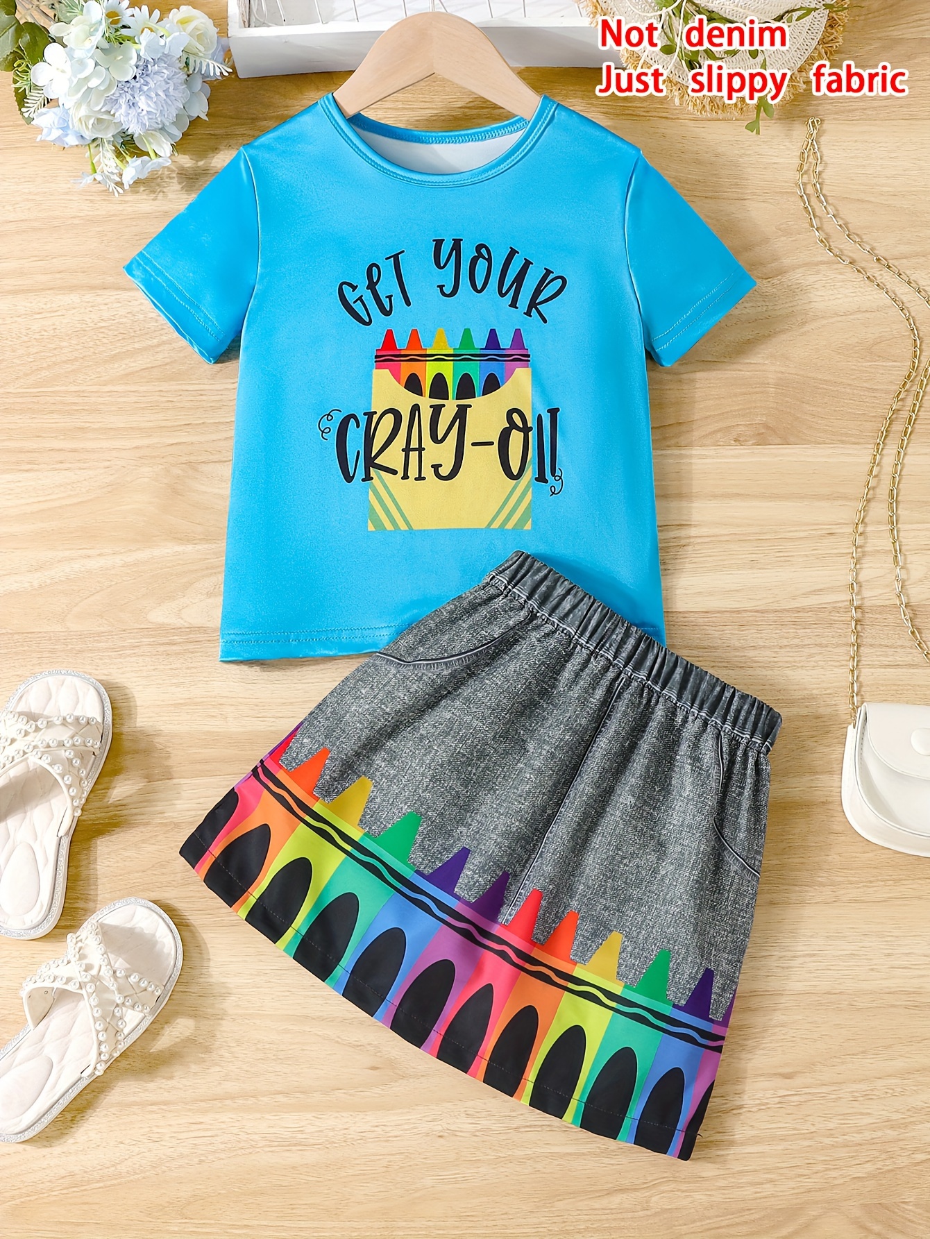 school crayons print girls outfit short sleeve fun t shirt top graphic short skirt everyday casual set summer 2pcs details 5