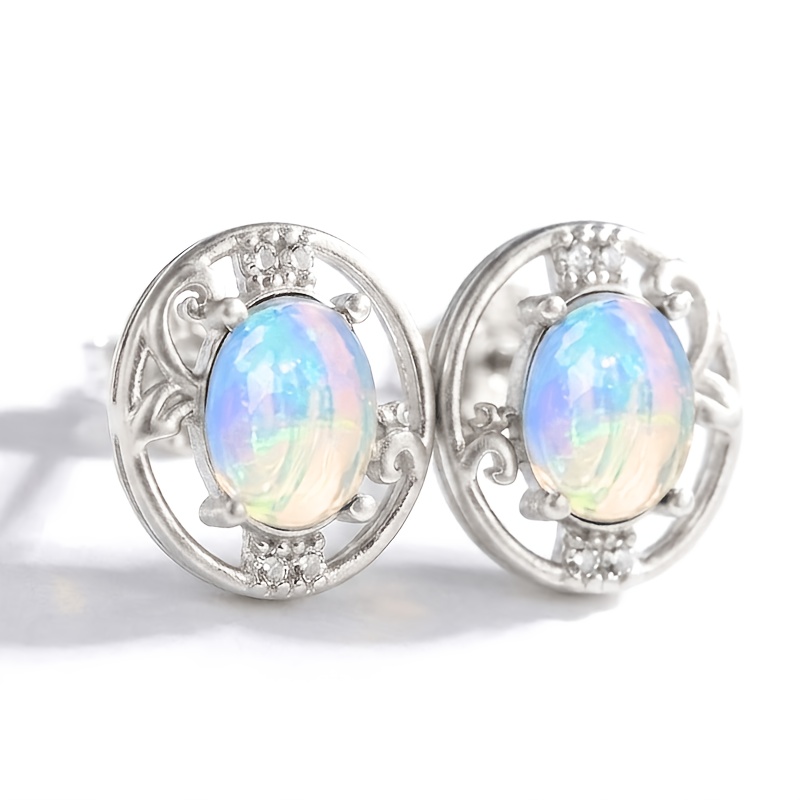 5x7mm Opal Stud Earrings, S925 Sterling Silvery, Sparkle Gift