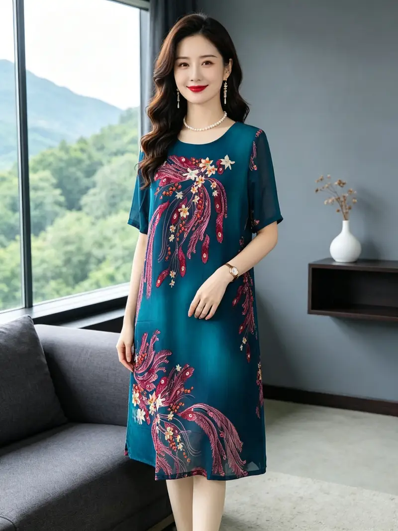 peacock print chiffon dress Peacock Long Dress