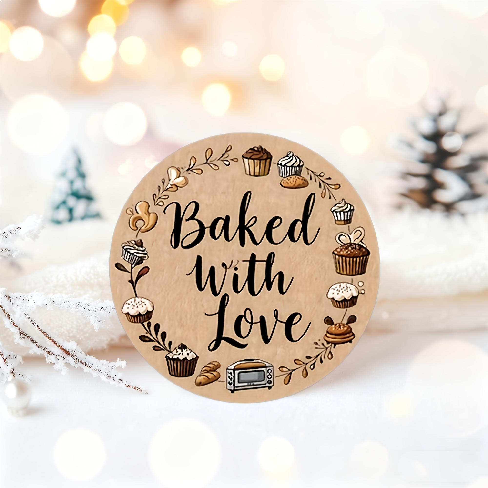 TEMU Autocollants ronds 72 "Préparé " - Étiquettes décoratives pour cupcakes, biscuits, pain et pâtisseries avec fond marron clair et police cursive,