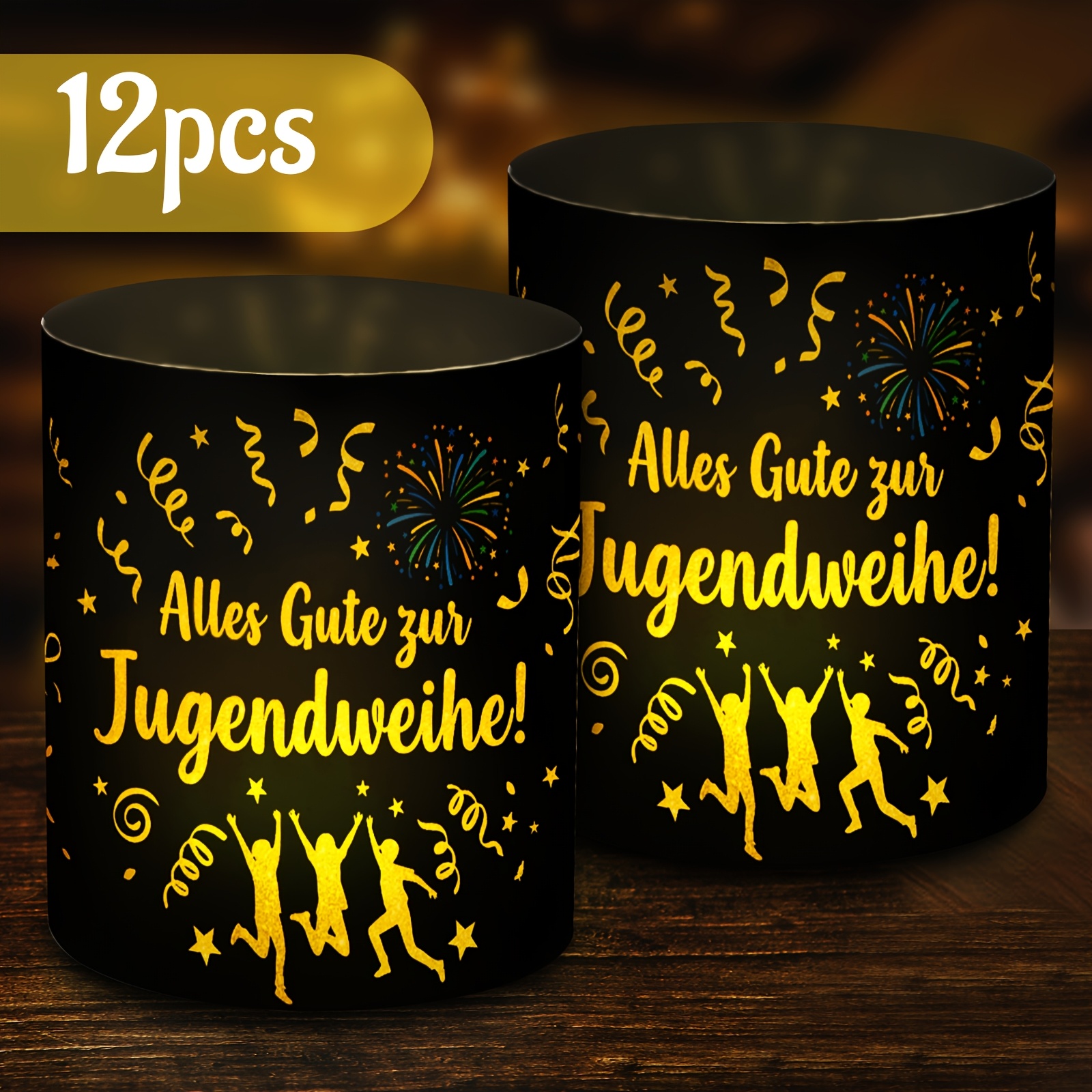 E-shop 12er Set Jugendweihe Kerzenhalter, Lampenschirm | Schwarz Goldene Silhouette Design | Tee Wachs Lampenschirm für Erwachsene Zeremonie Party