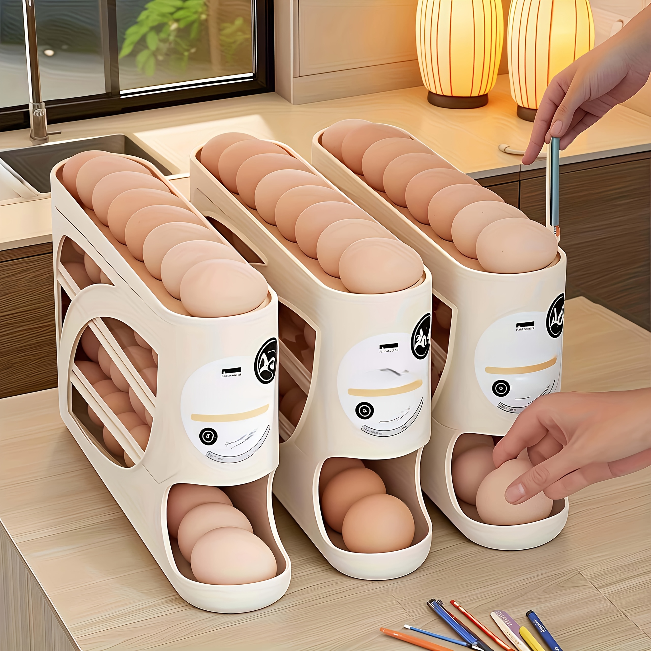 1pc Rolling Egg Rack - Space-Saving Side Door Design, Holds Up to 30 Eggs, Smooth And Glossy Finish, Convenient Handle, Suitable for Kitchen And Refrigerator Storage | Modern Kitchen Accessory | Durable Plastic Material