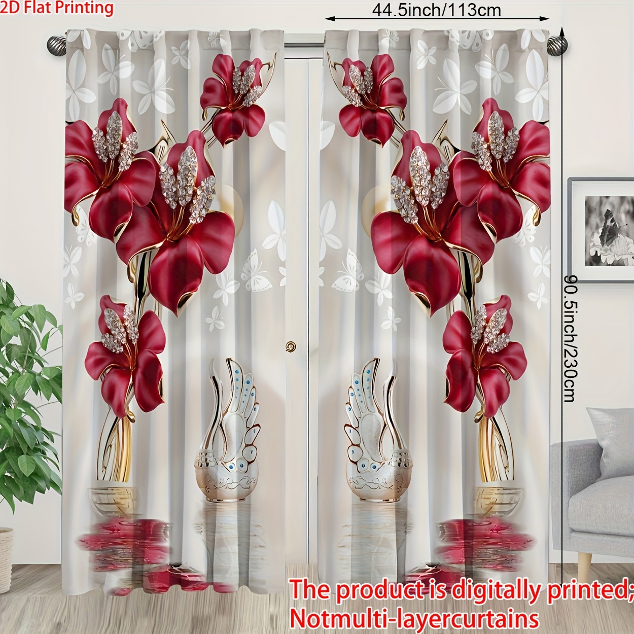 2pcs, 2d Printed Elegant Floral Sheer Curtains - Easy-to-hang Rod , Bedroom And Living Room Decor, Polyester Material