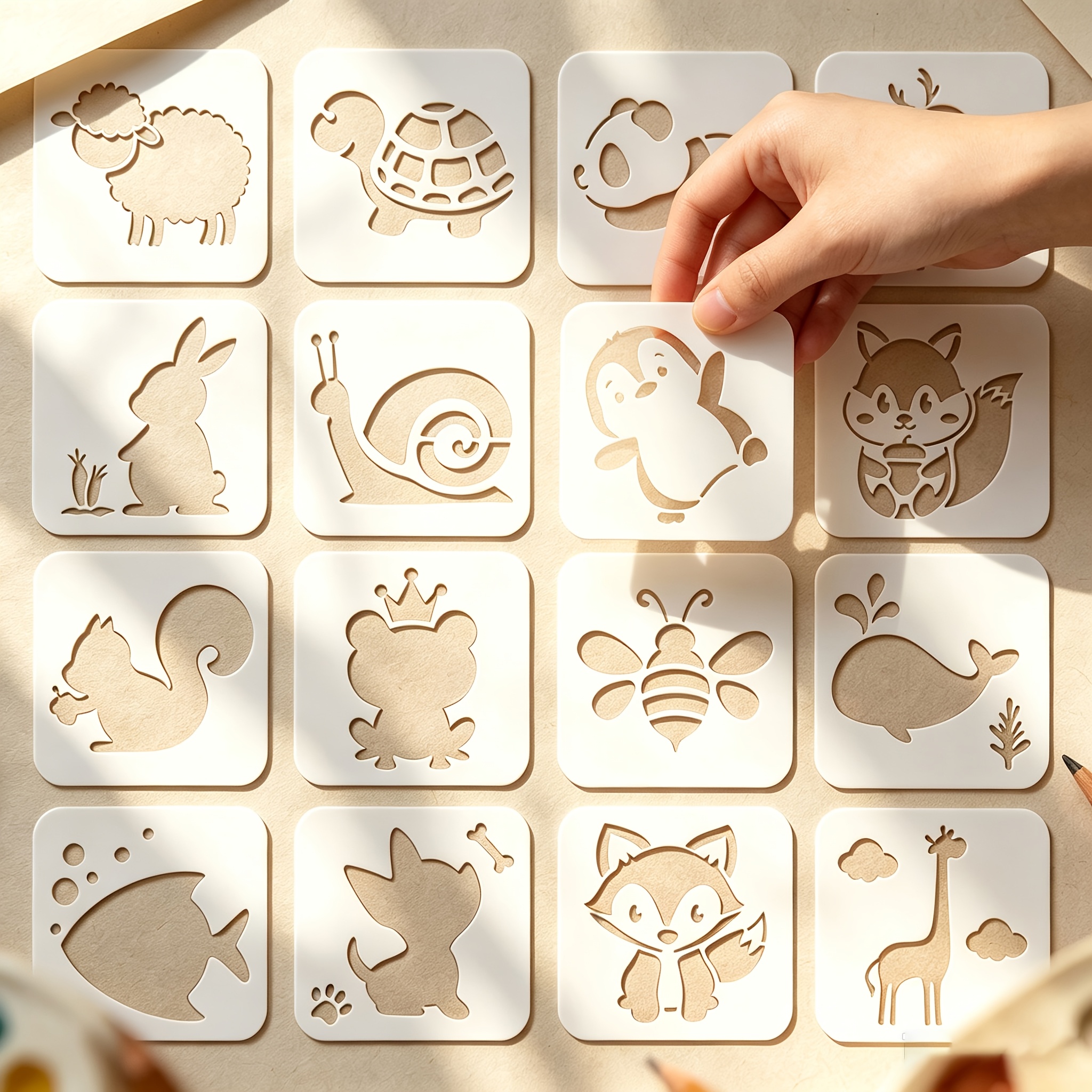 TEMU 16 pochoirs de peinture d'animaux de , modèles de dessin creux réutilisables en PET, de , tortue, panda, , lapin, escargot, , renard, pochoirs
