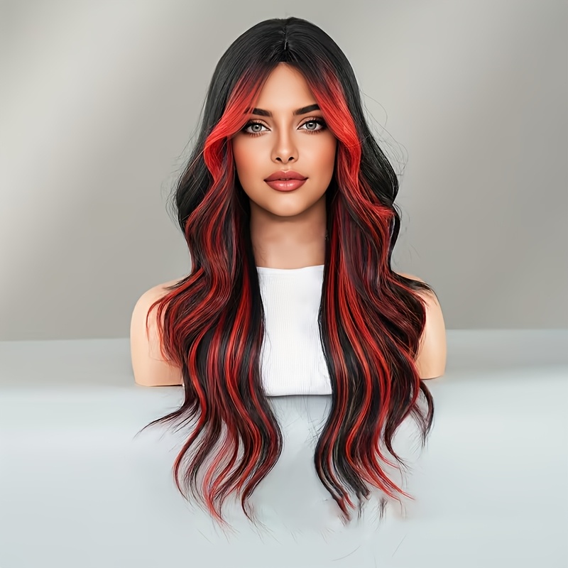 Image of Highlight Long Loose Wavy Heat Resistant Synthetic Wig, Black With Red Highlights 26 Inch For Women, For Daily Gothic Cosplay Halloween Party