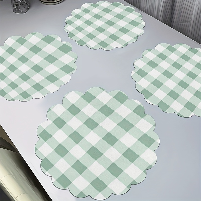 TEMU 4pcs Farmhouse Round Placemats Compatible For Devices - Sage Green Gingham Table Mats, Non-slip Machine Washable Circular Table Protectors,
