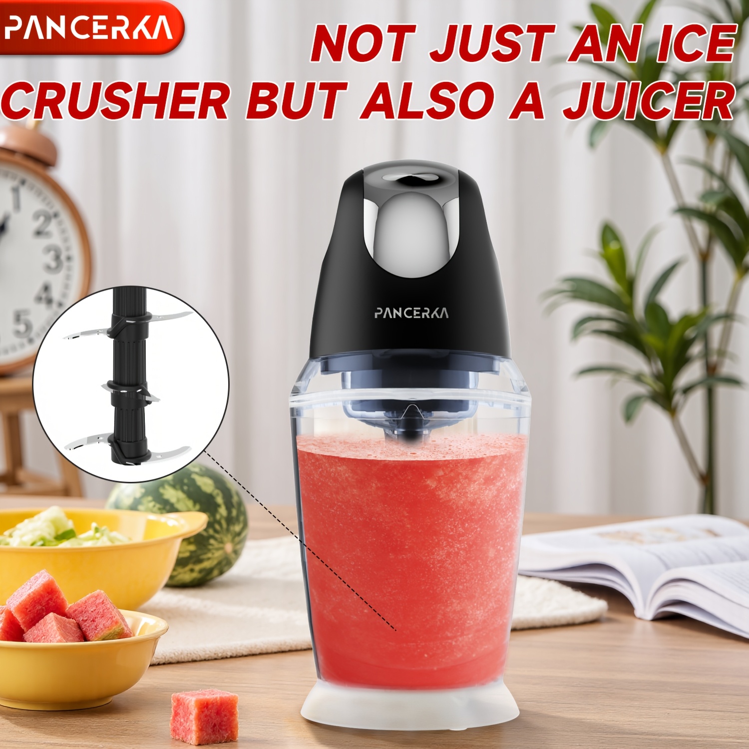 PANCERKA 1500ML elektrinis maisto smulkintuvas su mėsos malūnu, smulkintuvu, kiaušinių plaktuvas ir 6 ašmenimis, skirtas mėsai, kokteiliams, daržovėms, tyrėms, vaisiams, česnakams, didelis/mažas