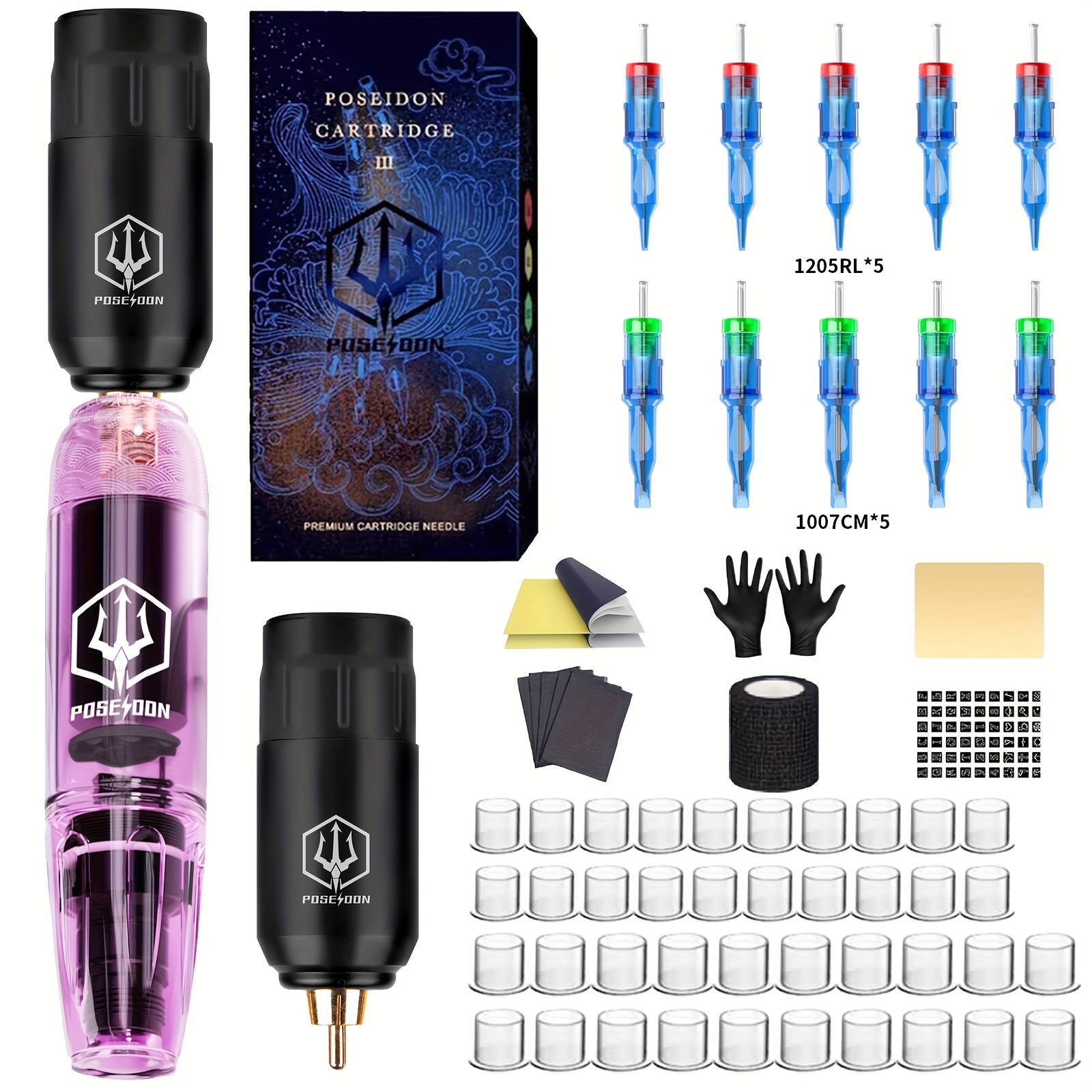 Image of Poseidon Wireless Tattoo Pen Kit Includes A Rotary Tattoo Machine, 10 Tattoo Cartridge Needles, And A 1600mah Supply, Making It An Ideal Set For And A Great Gift For Tattoo Enthusiasts