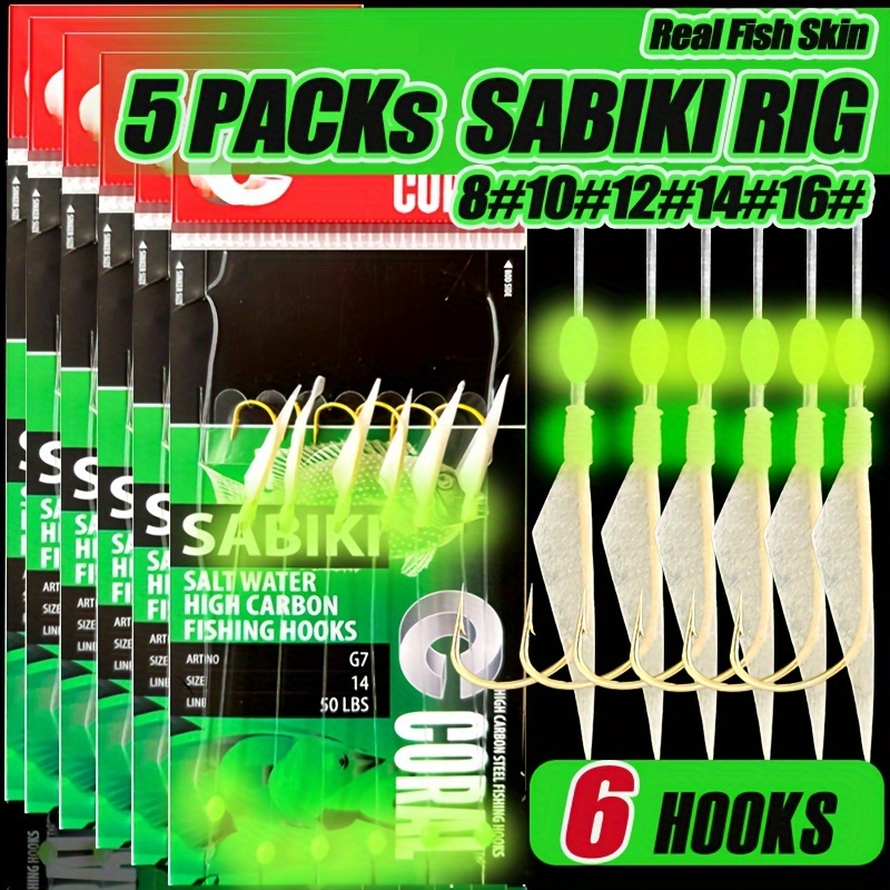 

Takbas 5pcs Rigs With Glow Beads - High Carbon Hooks For Freshwater & Saltwater Fishing, Ideal For Bass, Trout & More - Green