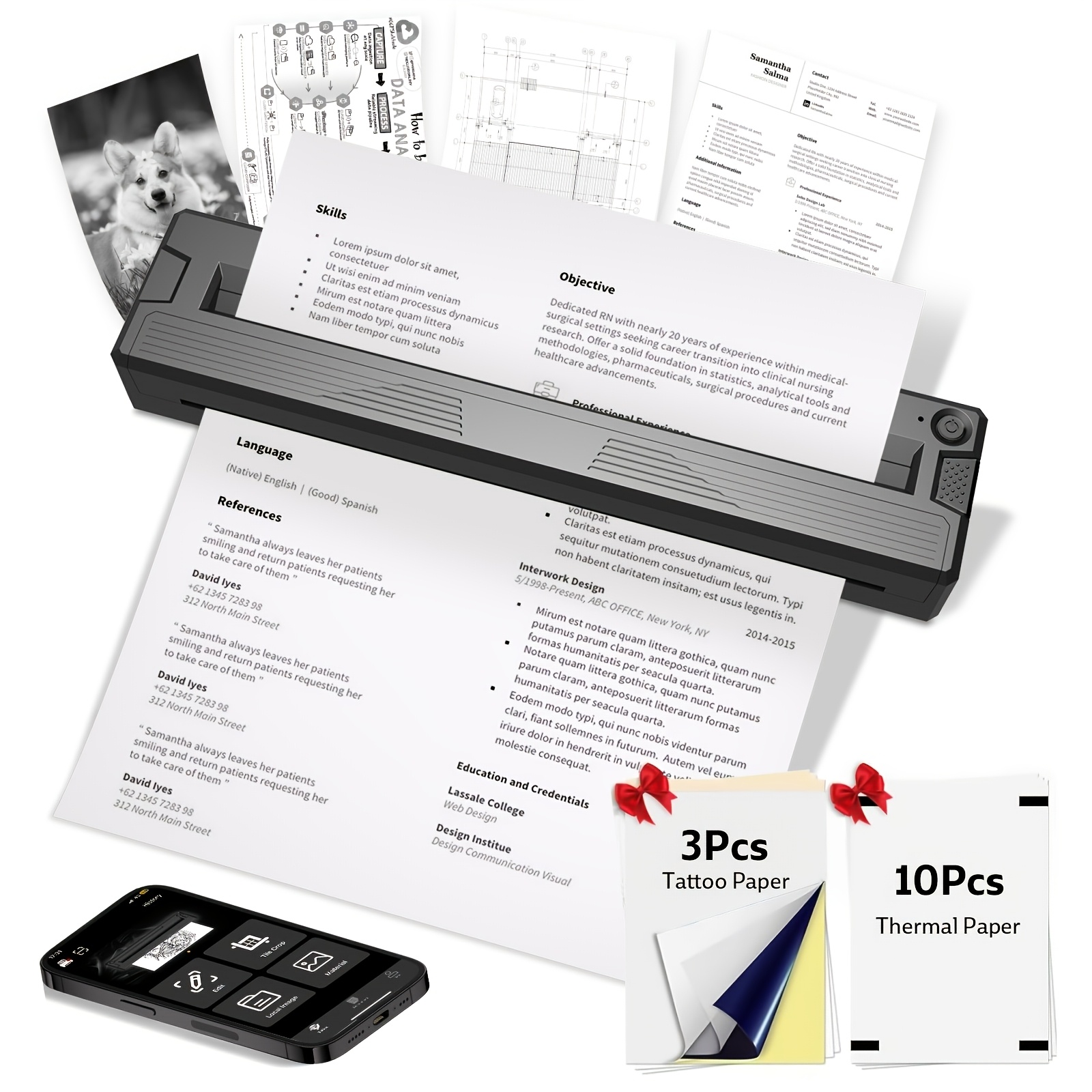 TEMU 2-in-1portable Wireless Thermal Printer, Inkless Mini Travel Printer With Bluetooth For Ios/android/pc, Supports A4 & Us Letter Paper(with 3pcs
