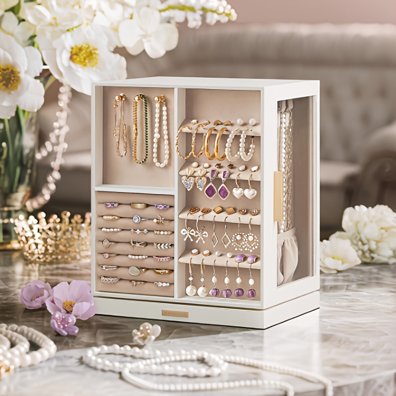 TEMU Boîte à Bijoux Rotative à 360°, Coffret de Rangement avec 5 Tiroirs, Blanc Nuage, Boîtes à Bijoux