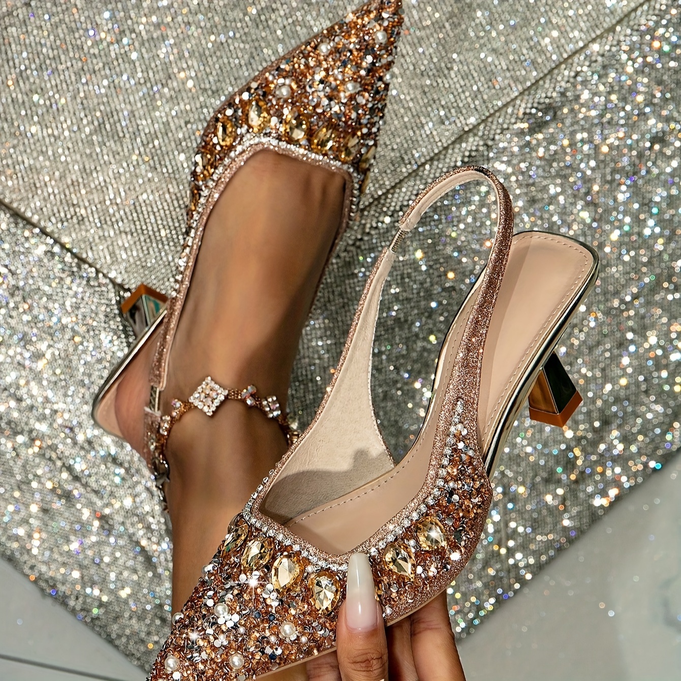 

Talons hauts à bout pour femmes, sandales de mariage d'été à décor de strass et de fausses perles, sandales à bride arrière avec robe