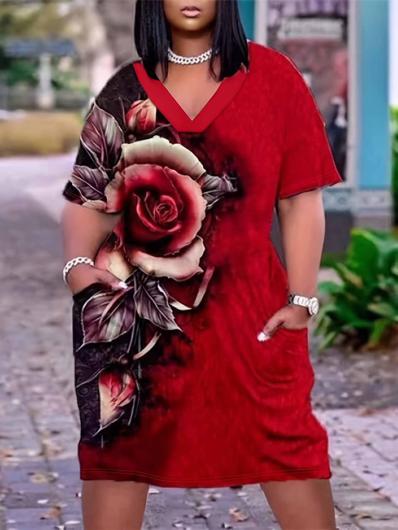 Plus Size Loose Fitting Red Dress Plus Size Women's V-Neck Midi