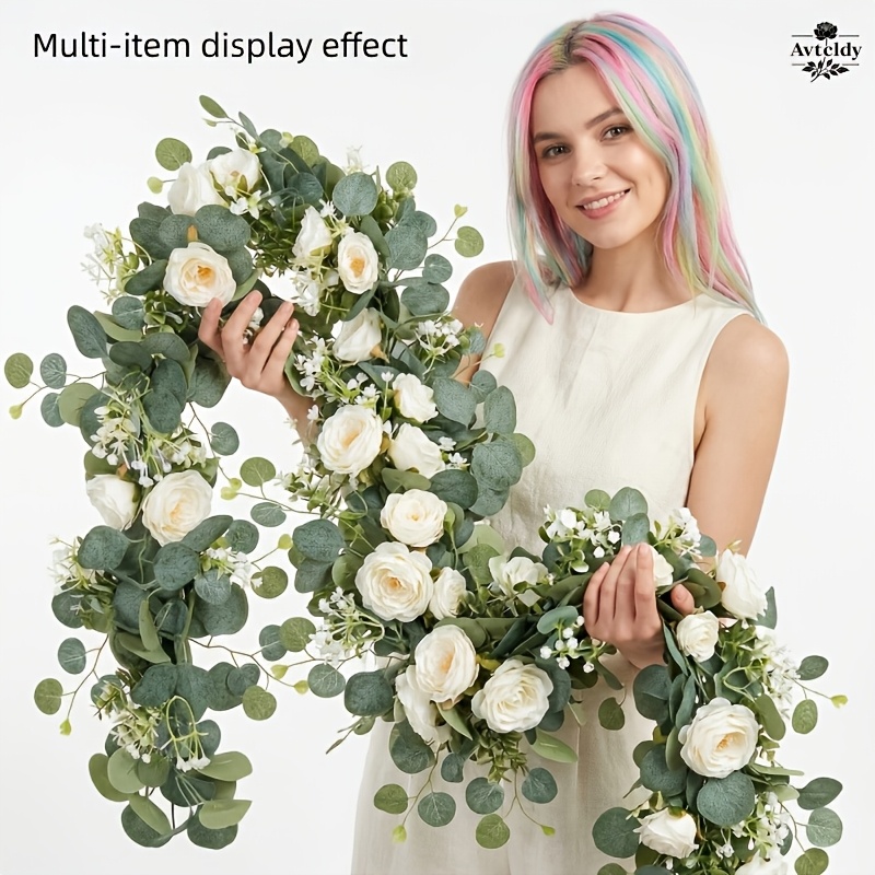 avtcldy 178 cm/70,07 zoll künstliche eukalyptus-girlande mit weißen rosen, realistische blumen-greenspirale,   für hochzeitsbogen-hintergrund, dekoration für den esstisch, heimparty-dekoration, landhausparty-dekoration