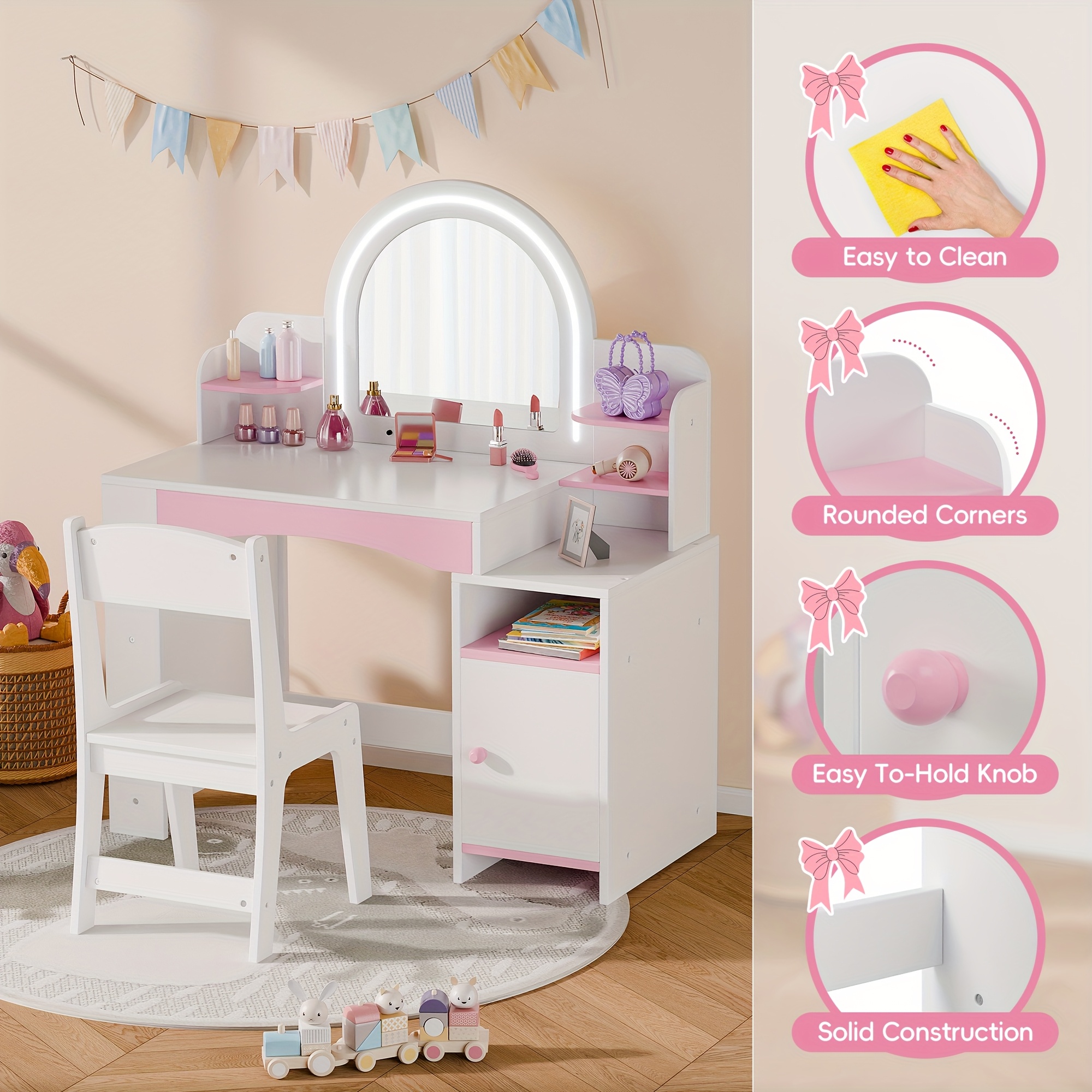 Girls' 2-in-1 Princess Vanity Set with Lighted Mirror (Cool/Warm) - Makeup Desk & Chair with Storage Cabinet, Bookshelf & Shelves, MDF Beauty Table for Toddler Girls Room, Easy Assembly Required - Ideal Kids Furniture Gift for Birth