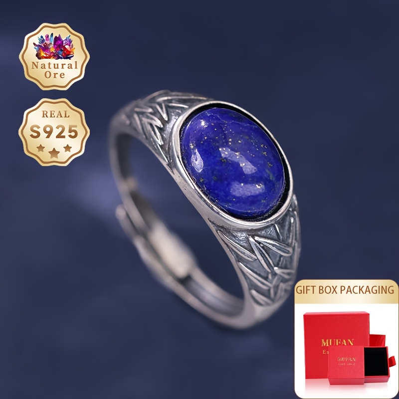Women's 925 Silver Lapis Lazuli Ring, Adjustable Open-End
