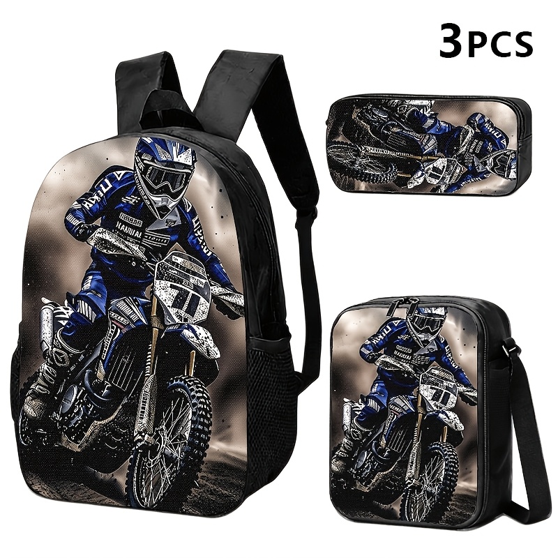 TEMU 1pc/2pcs/3pcs 2d Printed Motorcycle Racer-themed-printed Backpack, Crossbody Bag&pouch For Young Men; Ideal For Commuting, Travel, Or Fans.