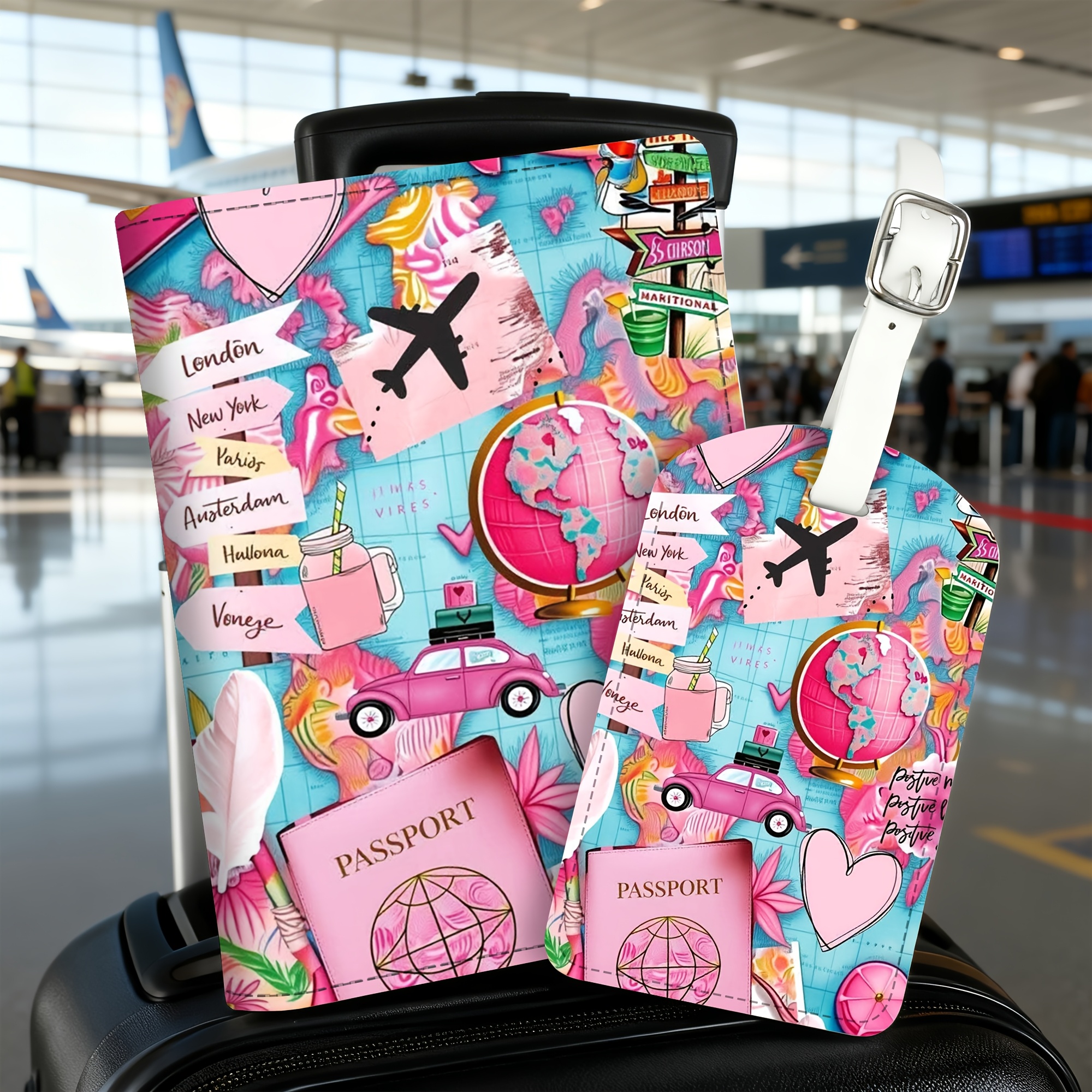 TEMU Lot de 2 pièces : Étui à passeport et étiquette de bagage avec motif de voyage, avion, cœur et carte du monde , matériau PU léger, convient pour