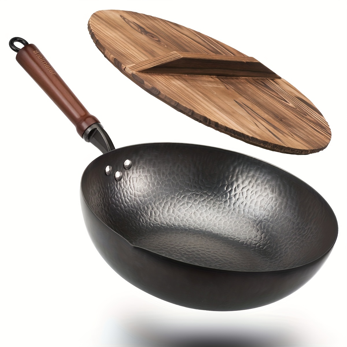 

Bielmeier 12.5" Wok Pan- Woks And Stir Fry Pans, Carbon Steel Wok, Flat Bottom Wok With Lid Suits For All Stoves