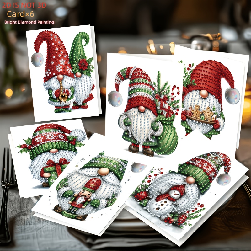 TEMU 2d Winter Christmas Gnome Diamond Painting Greeting Card Set Of 6, Red And Green Tone Christmas Elements With Hat, Wreath, And Gift Box Accents,