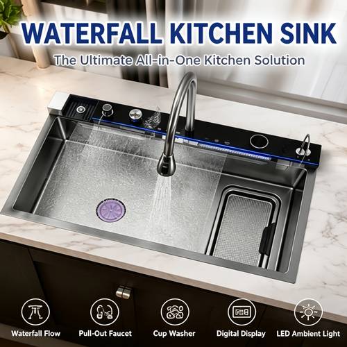 10 in 1 waterfall kitchen sink workstation 304 stainless steel single bowl sink with pull out faucet led cup washer drain basket