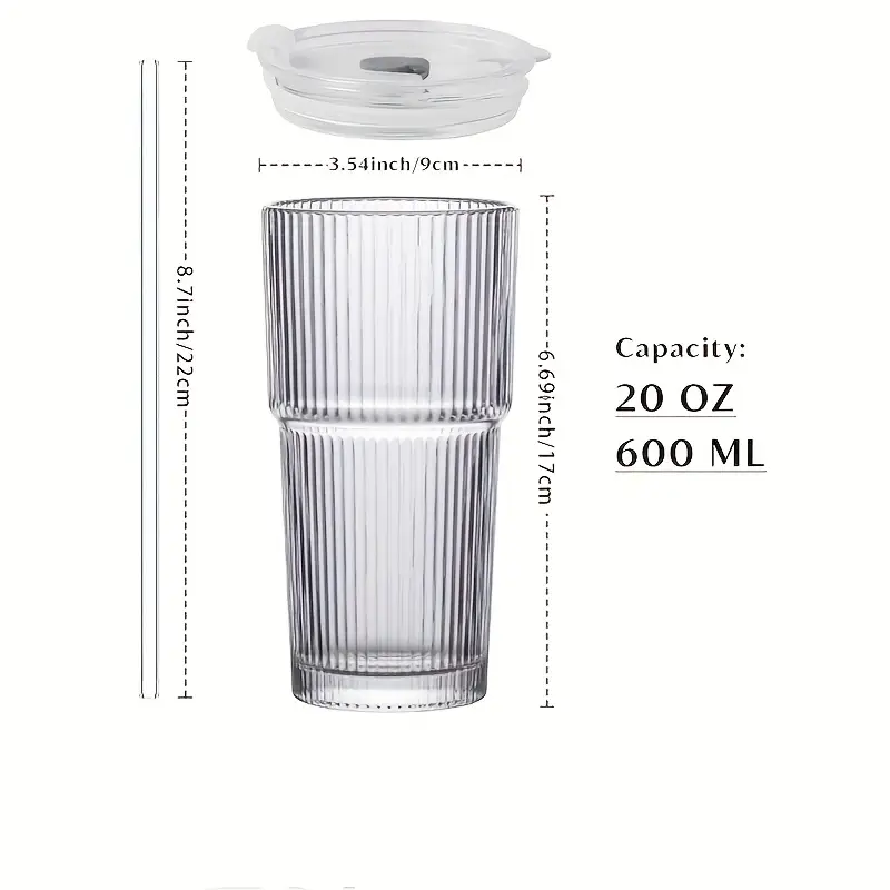 2pcs glassware set 600ml 20oz ribbed glass bucket with lid and glass straw thick glass iced coffee smoothies cocktails and juices elegant and durable beverage vessel Product details 7