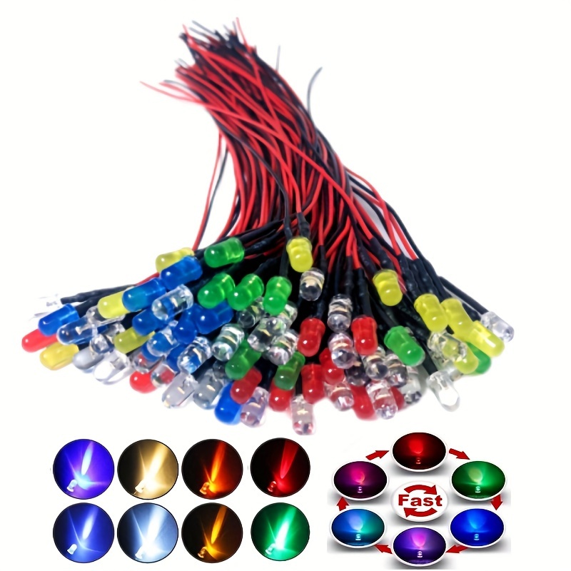 Lot De 60 LEDs 5mm Pré-câblées 12V + 60 Supports - Multicolores Pour Projets DIY