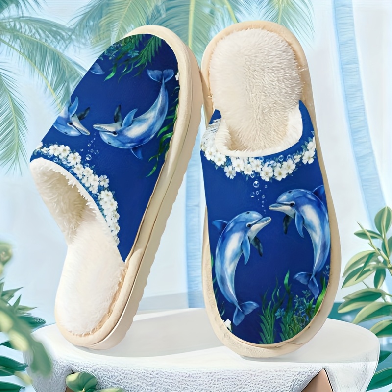 TEMU Fresh Ocean Breeze Dolphin And White Flower Slippers, Unisex, Exquisite Printing Craft, Plush Lining, Style For Daily Wear, Women Shoes