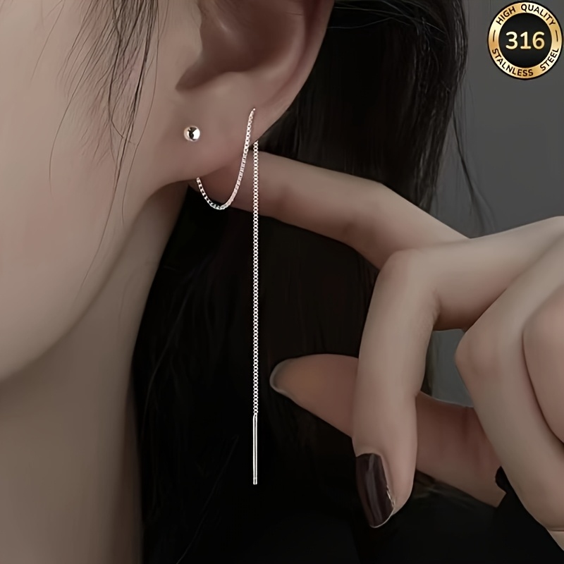 TEMU 2pcs Chain Stud Earrings Women's 316 Tassel Bead Ear Wire Earrings Women' Niche Design Korean Drop Ear Jewelry Ear Hole