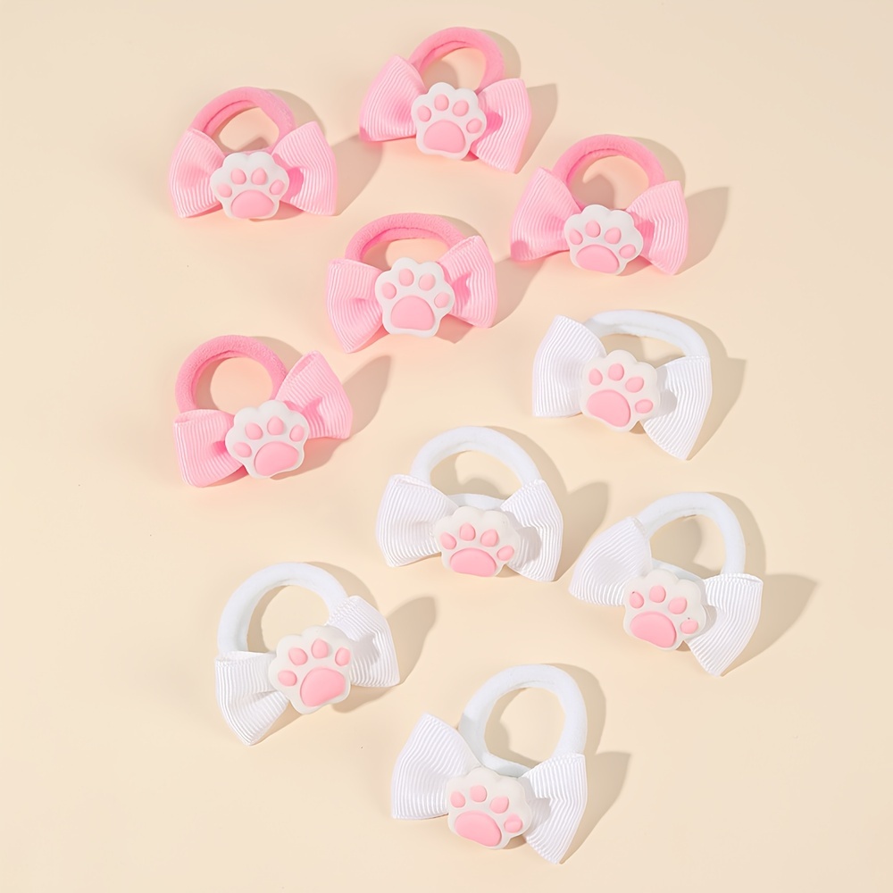 Set Of 10 Hair Ties Featuring Cat Paw Designs, Made From Mini Nylon Rubber Bands With Bows, Perfect For Grooming And Dressing Up Dogs And Cats